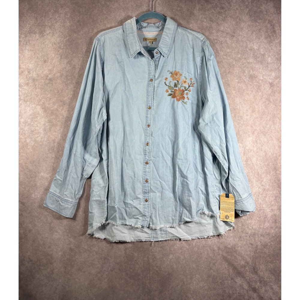 Democracy Chambray Shirt Women 2X Light Blue Embroidered Floral Button Down Boho